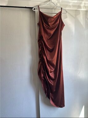 Silky Cowl Neck Ruched Slip Dress - Rust Bronze